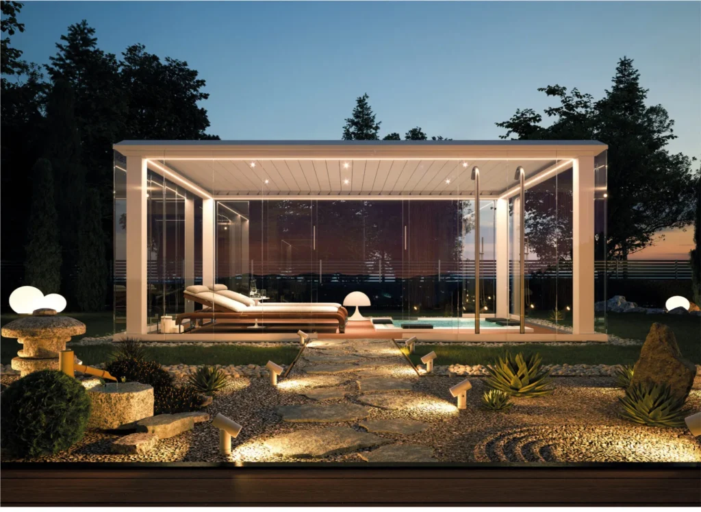 lamellendach-pergosky-pergola-terrasse-glas-freistehend-nacht-beleuchtung