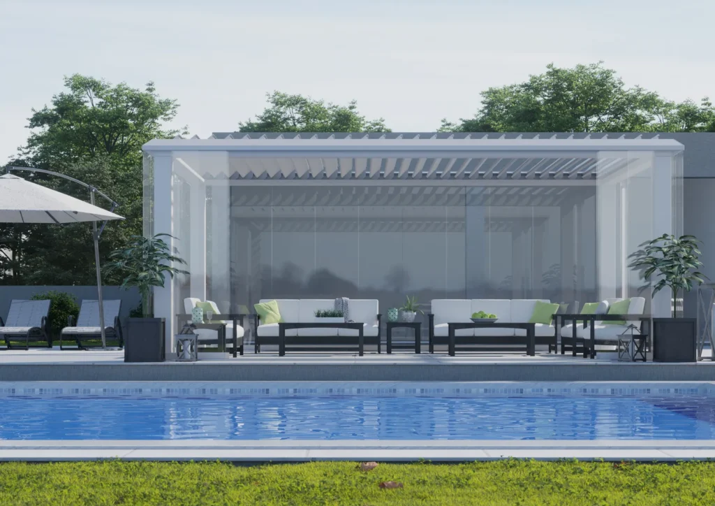 lamellendach-pergosky-pergola-terrasse-glas-frontansicht